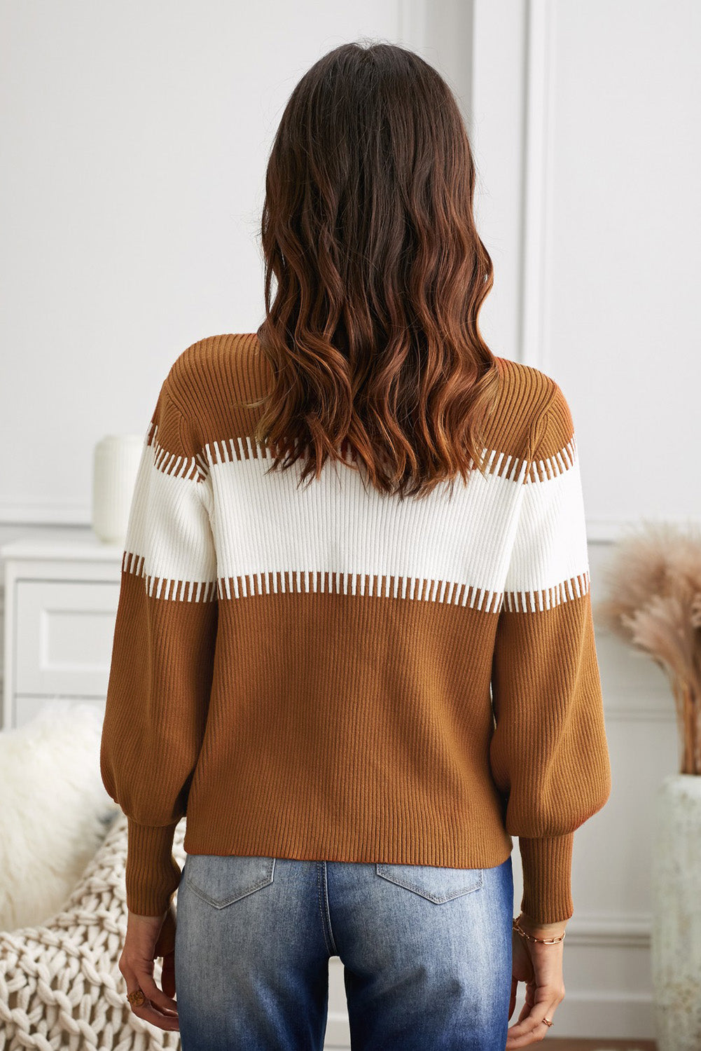 Ribbed Block High Neck Pullover Sweater