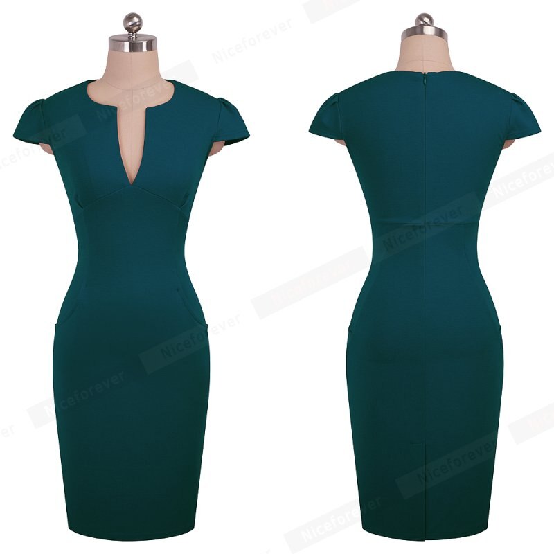 Solid Deep V Neck Pencil Dress
