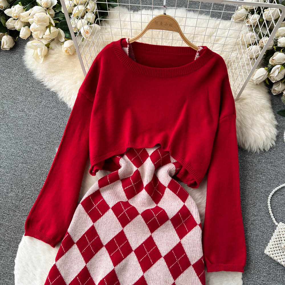 Plaid Knitted Two-Piece Dress Set