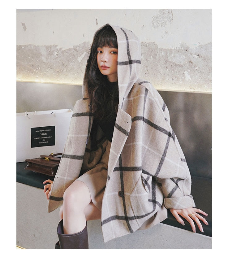 Hooded Oversized Plaid Jacket