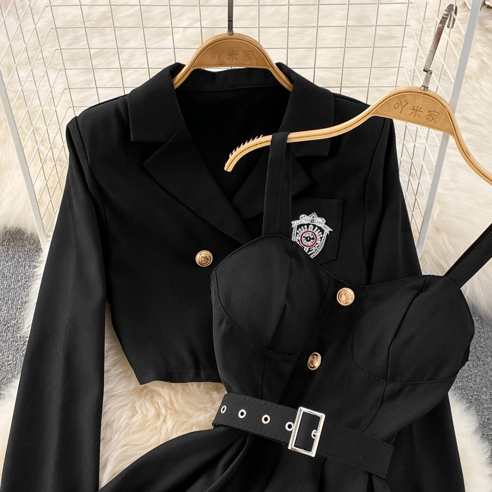 Two-Pieces Vintage Strap Dress And Suit Jacket Set