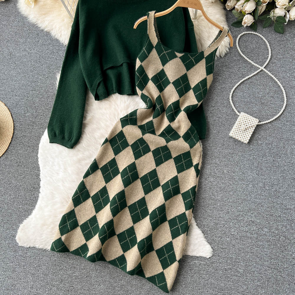 Plaid Knitted Two-Piece Dress Set