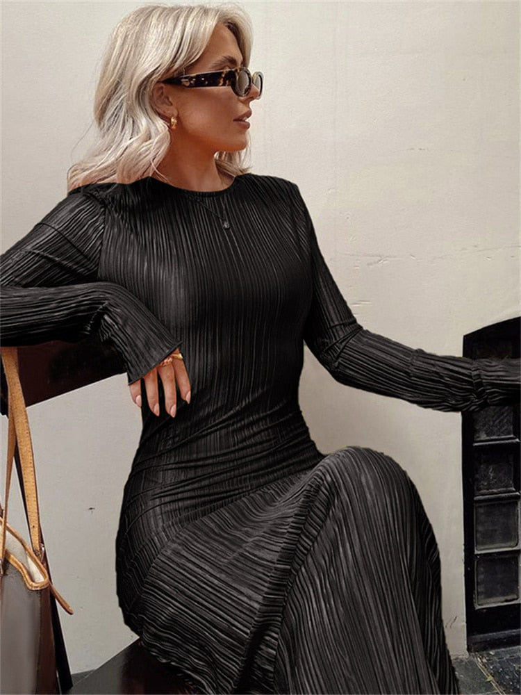 Ruched Long Sleeve  Striped Bodycon Dress