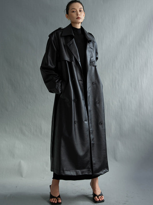 Ultra Ascension Extra Long Oversized Black Faux Leather Trench Coat