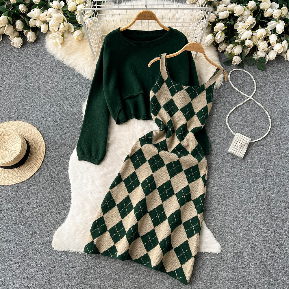 Plaid Knitted Two-Piece Dress Set